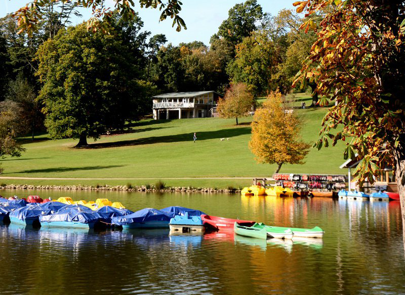 colourful pedal and rowing boats on a serene lake in Dunorlan Park Tunbridge Wells, with a sloped green park and trees in the background.