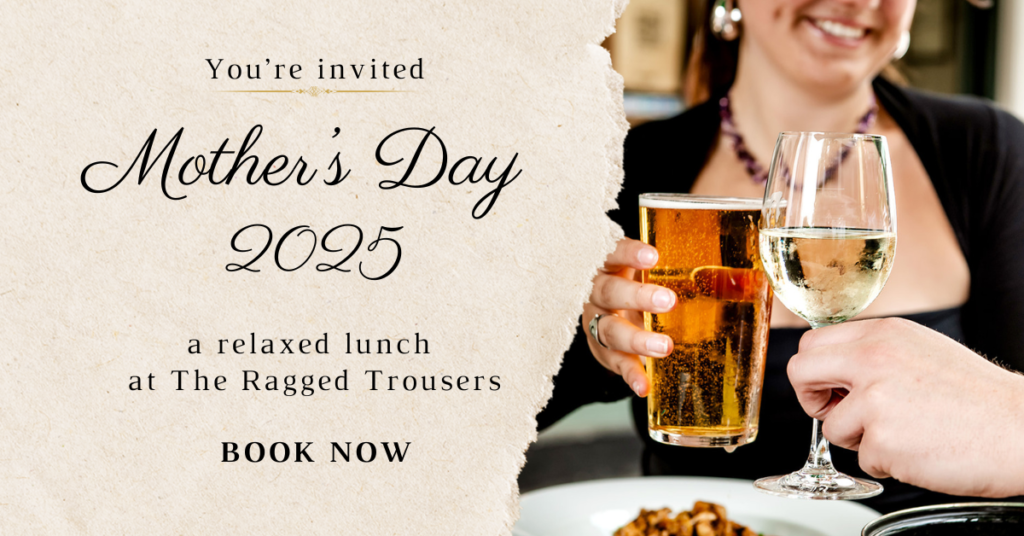 An invitation to lunch on Mother's Day in Tunbridge Wells, a couple celebrate with wine, beer, and food at The Ragged Trousers pub in Pantiles